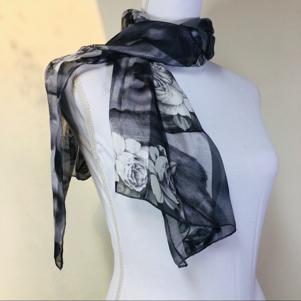 Sheer Floral Roses‎ Scarf Black Gray Rectangular